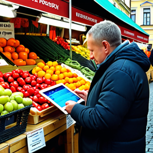 **

Prompt: "A vibrant Warsaw market scene. A vendor using a tablet to analyze customer feedback data from a recent satisfaction survey. Stalls overflowing with fresh produce, reflecting seasonal offerings. The overall mood is dynamic and customer-focused. Marketing personalization."

**