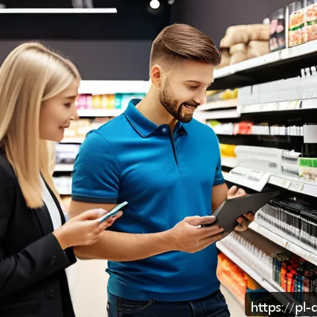 스몰 데이터 활용을 위한 전략적 접근 - A modern Polish retail store interior showing detailed customer behavior observation: several ethnic...