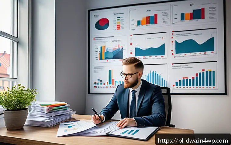 스몰 데이터 분석 결과 해석하는 법 - A detailed office scene showing a Polish data analyst at work, seated at a desk cluttered with paper...